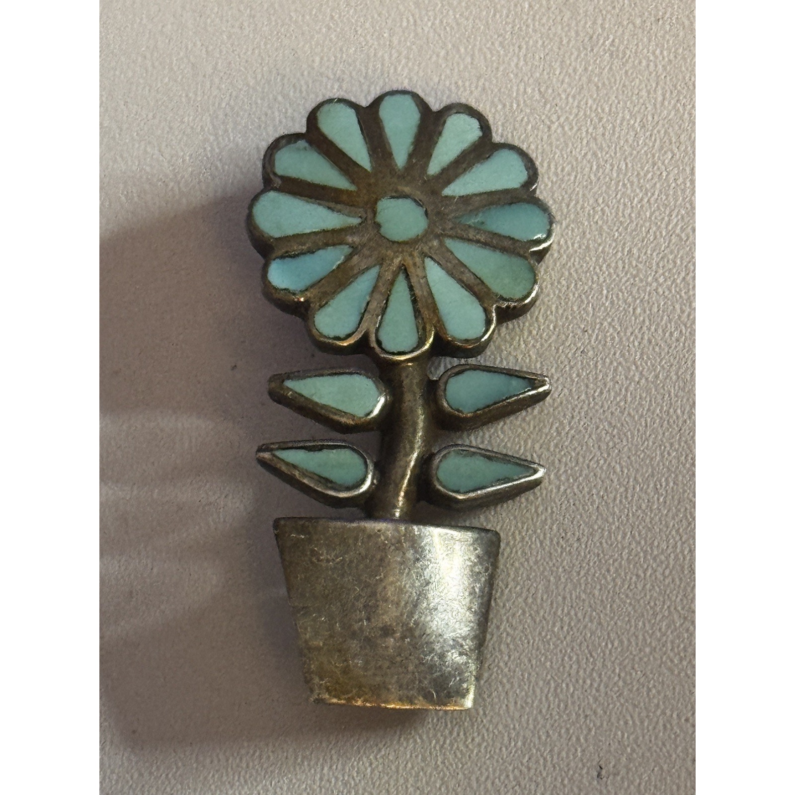 Zuni Sterling Silver Turquoise Flower Pot BroochPin Pendant Signed Vintage 195$